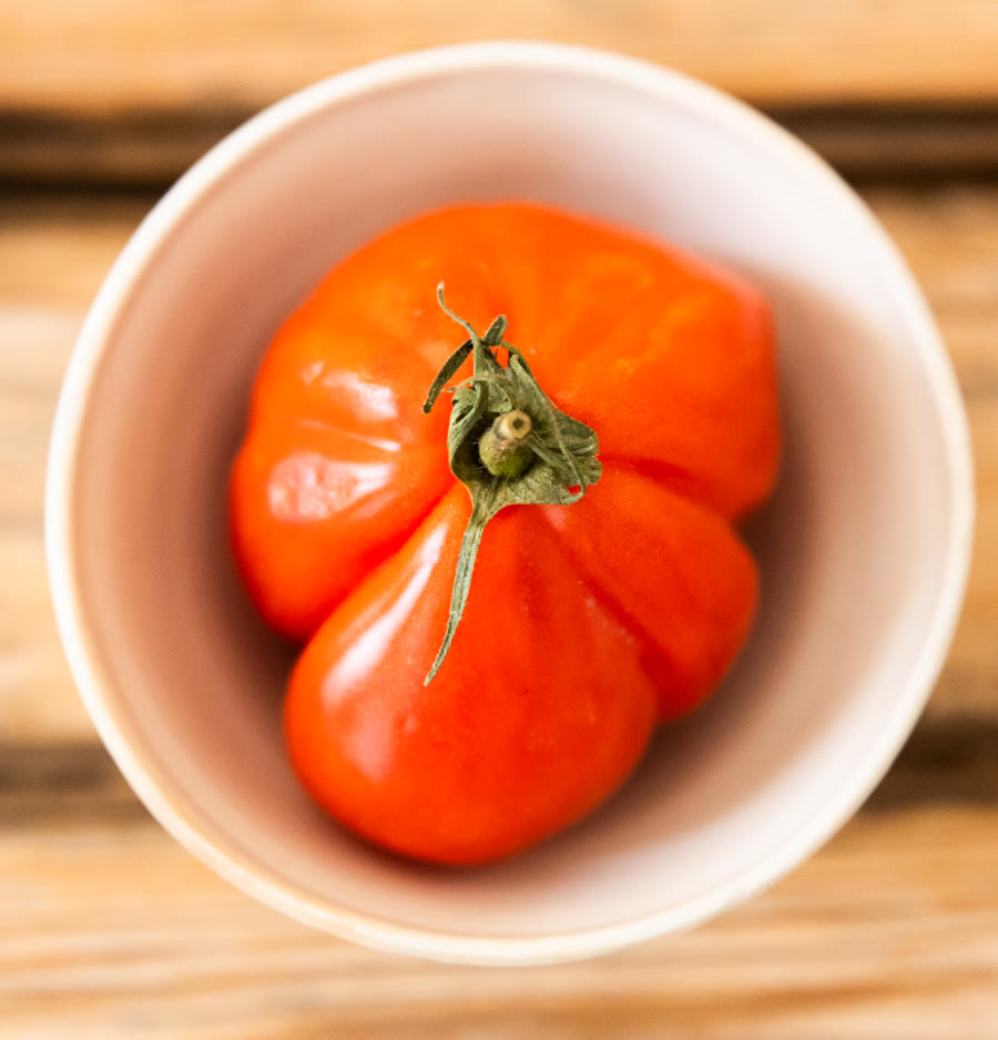 Tomates cœur de bœuf dans un bol en céramique blanche, plan de travail en bois