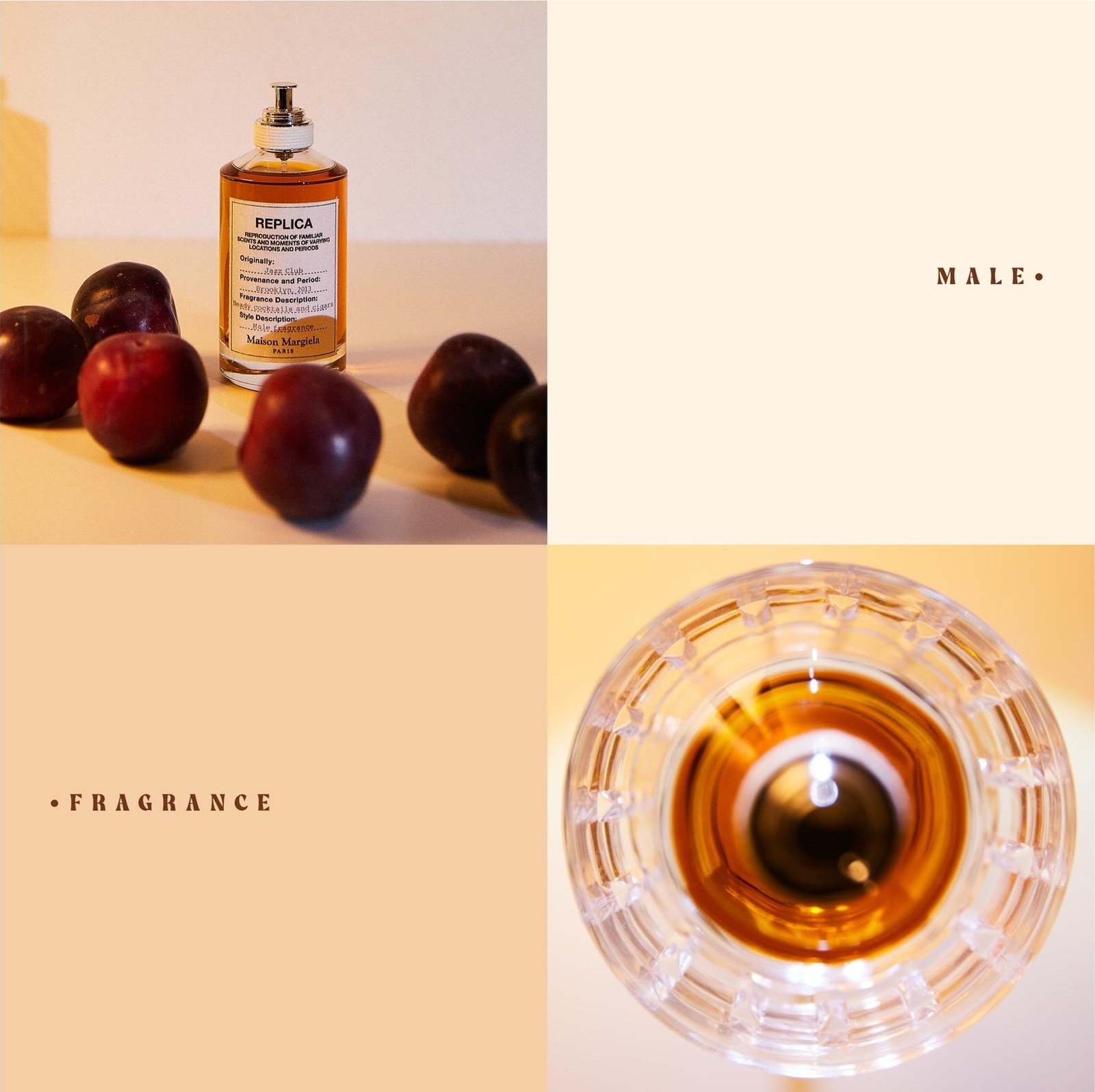 Planche de quatre visuels : flacon et prunes, typographies « MALE » et « FRAGRANCE », verre en cristal vu du dessus